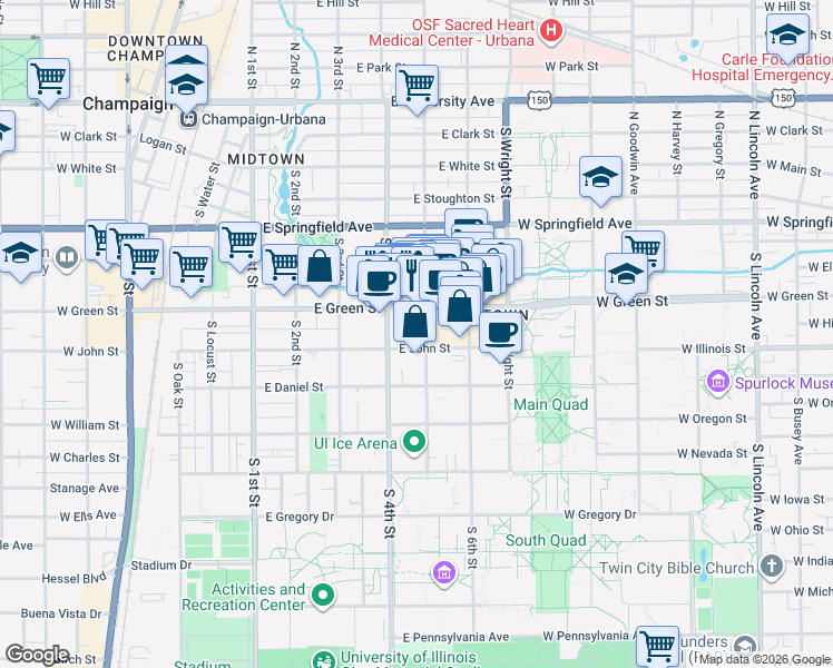 map of restaurants, bars, coffee shops, grocery stores, and more near 403 1/2 East Green Street in Champaign