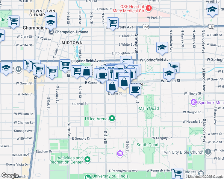 map of restaurants, bars, coffee shops, grocery stores, and more near 403 1/2 East Green Street in Champaign