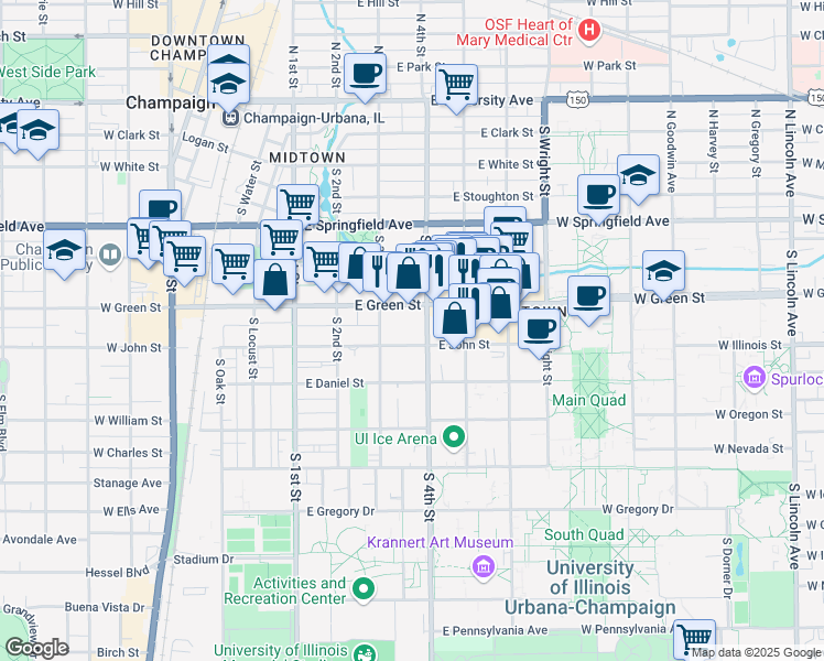 map of restaurants, bars, coffee shops, grocery stores, and more near 307 East Green Street in Champaign