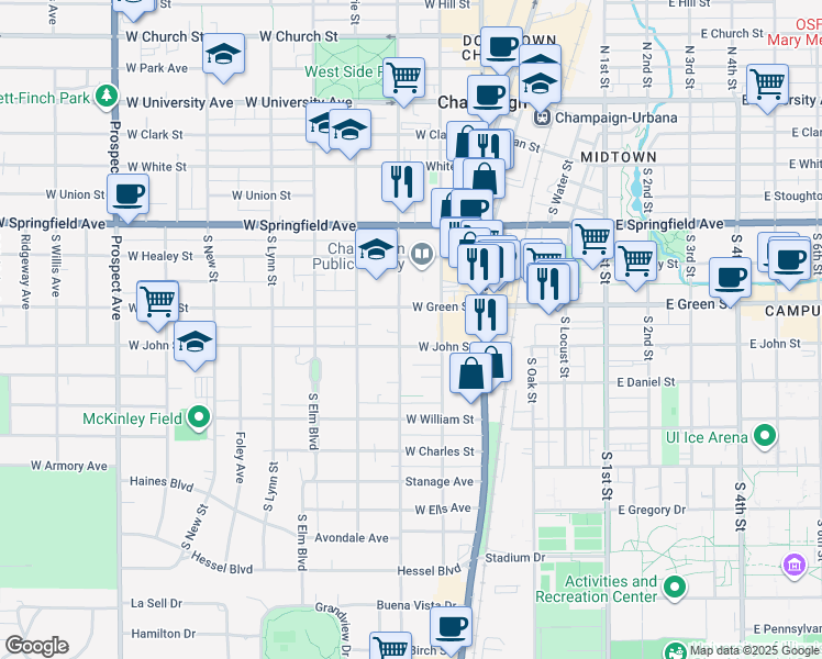 map of restaurants, bars, coffee shops, grocery stores, and more near 301 West Green Street in Champaign