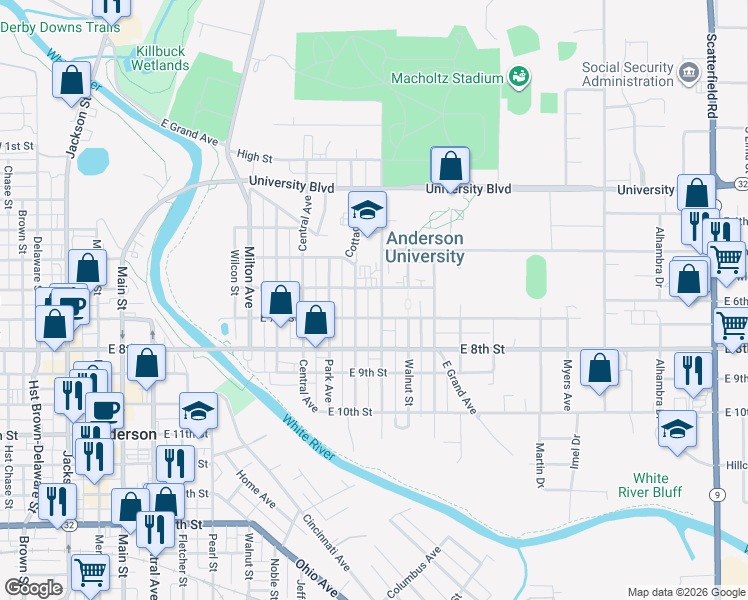 map of restaurants, bars, coffee shops, grocery stores, and more near 520 Cottage Avenue in Anderson