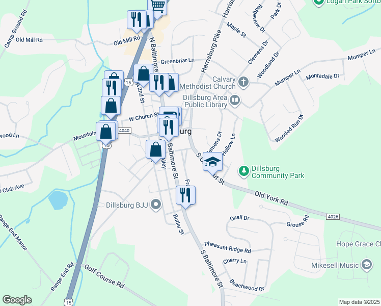 map of restaurants, bars, coffee shops, grocery stores, and more near 30 East York Street in Dillsburg