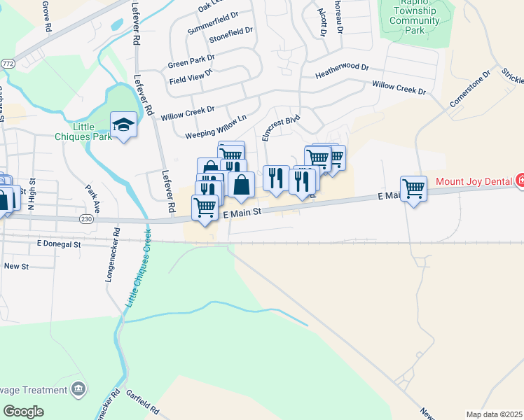 map of restaurants, bars, coffee shops, grocery stores, and more near 840 East Main Street in Mount Joy