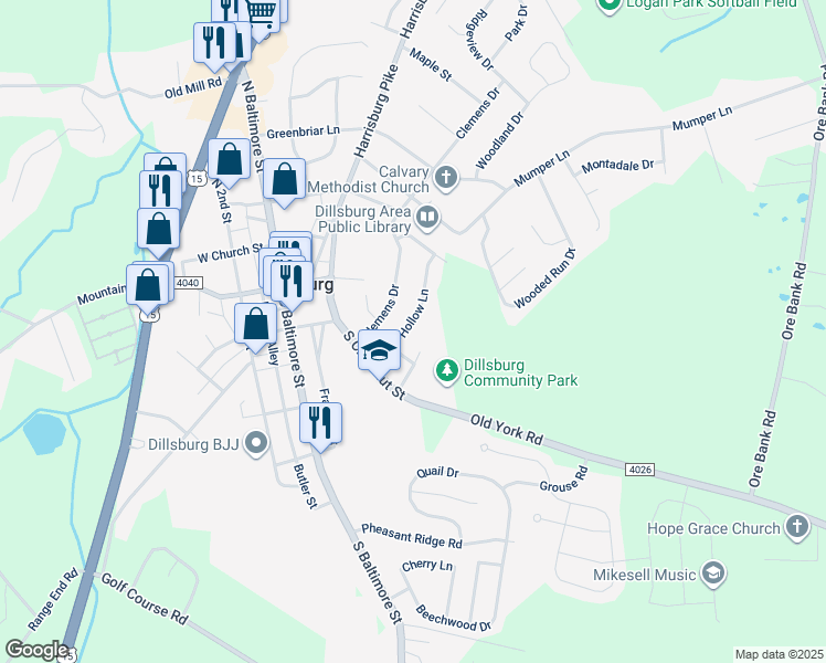 map of restaurants, bars, coffee shops, grocery stores, and more near 112 Hollow Lane in Dillsburg