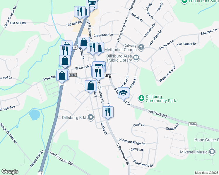 map of restaurants, bars, coffee shops, grocery stores, and more near 30 East York Street in Dillsburg