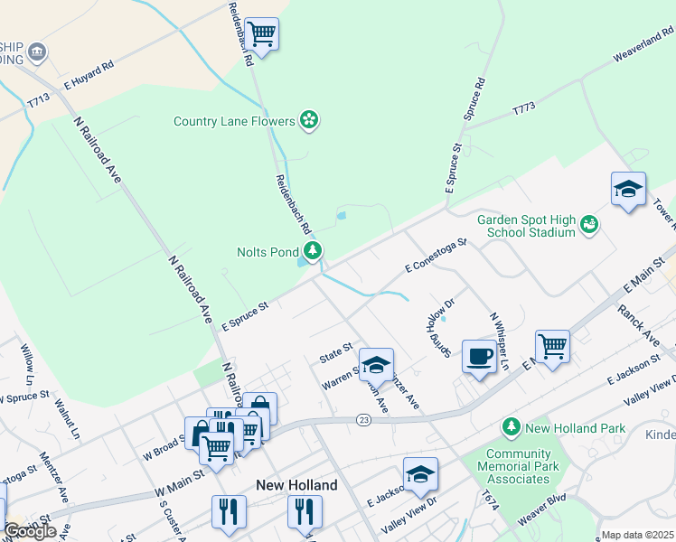 map of restaurants, bars, coffee shops, grocery stores, and more near 430 East Spruce Street in New Holland