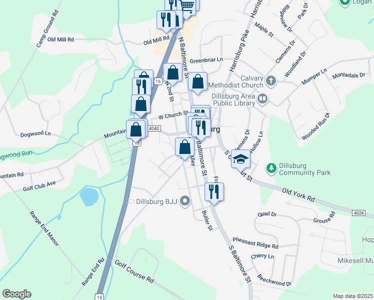 map of restaurants, bars, coffee shops, grocery stores, and more near 24 West York Street in Dillsburg