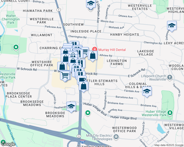 map of restaurants, bars, coffee shops, grocery stores, and more near East Schrock Road & Westerville Square in Westerville