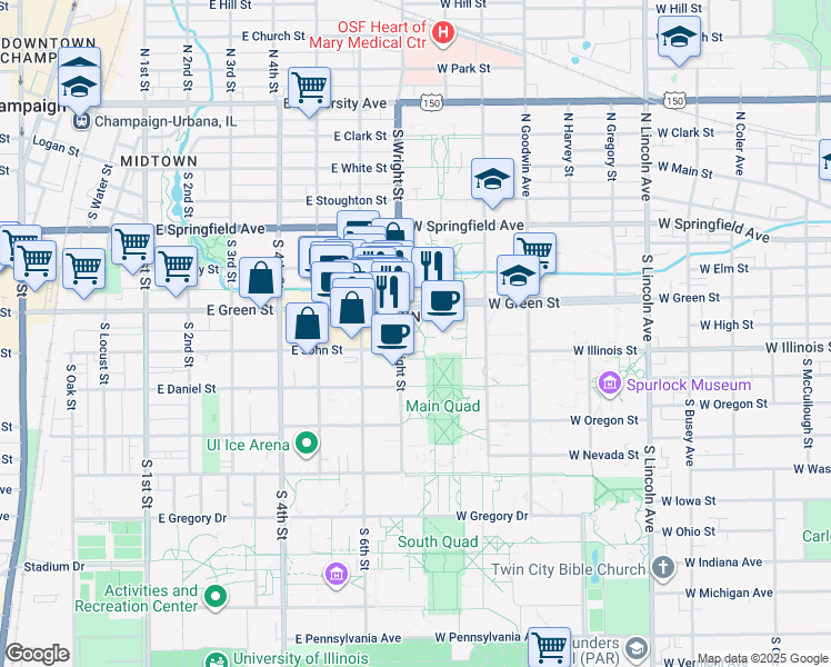 map of restaurants, bars, coffee shops, grocery stores, and more near 1409 West Green Street in Urbana