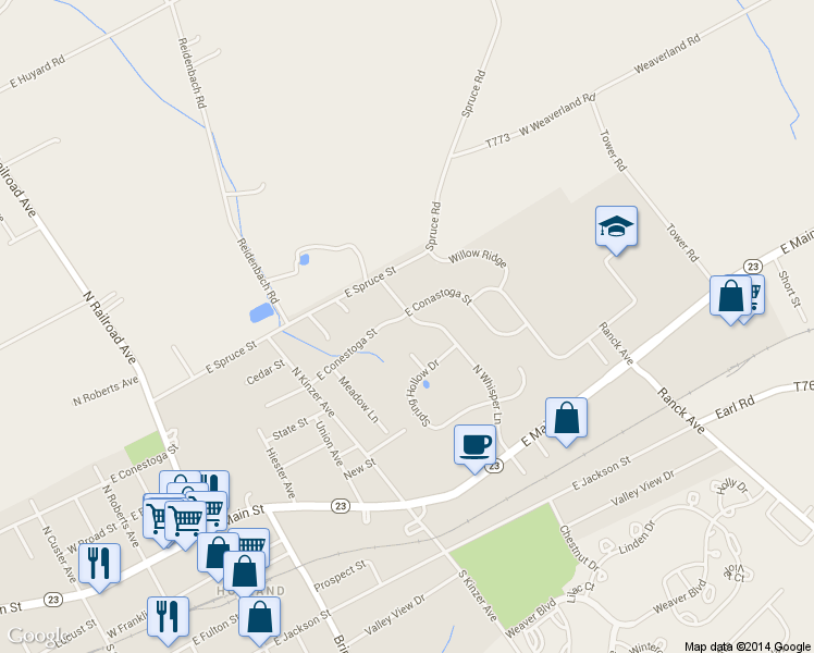 map of restaurants, bars, coffee shops, grocery stores, and more near 68 North Whisper Lane in New Holland