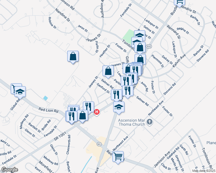 map of restaurants, bars, coffee shops, grocery stores, and more near 746 Selmer Road in Philadelphia
