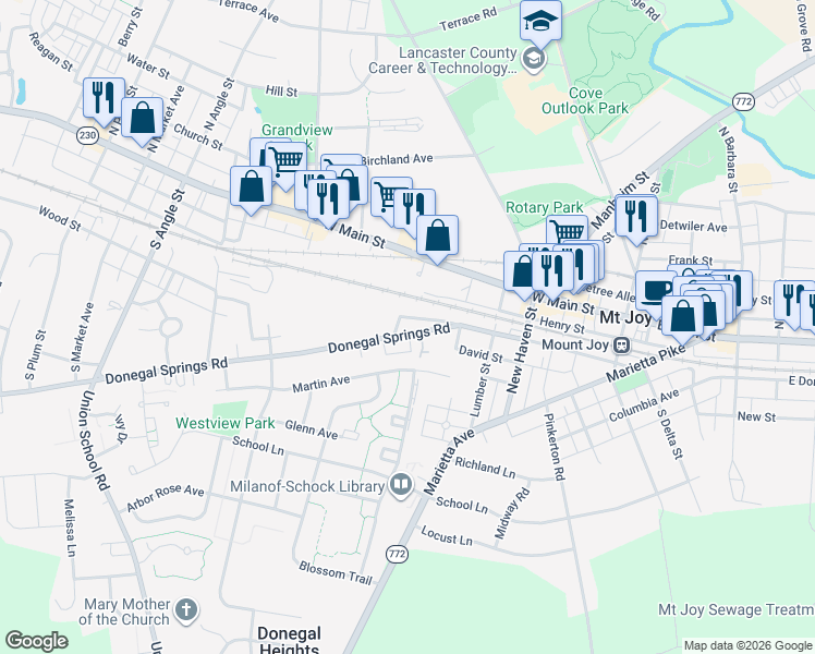 map of restaurants, bars, coffee shops, grocery stores, and more near 341 West Donegal Street in Mount Joy