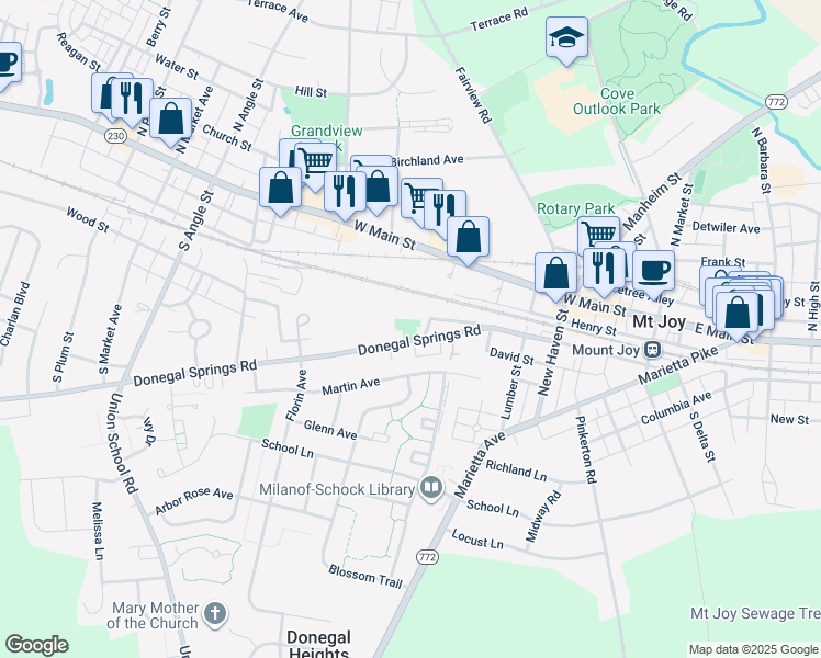 map of restaurants, bars, coffee shops, grocery stores, and more near 375 Donegal Springs Road in Mount Joy