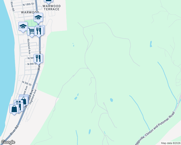 map of restaurants, bars, coffee shops, grocery stores, and more near 1201 Washington Farms Road in Wheeling