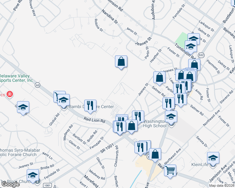 map of restaurants, bars, coffee shops, grocery stores, and more near 10031 Sandmeyer Ln in Philadelphia