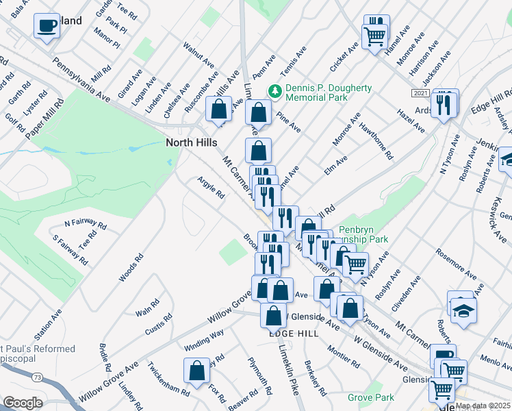 map of restaurants, bars, coffee shops, grocery stores, and more near 2739 Limekiln Pike in Glenside