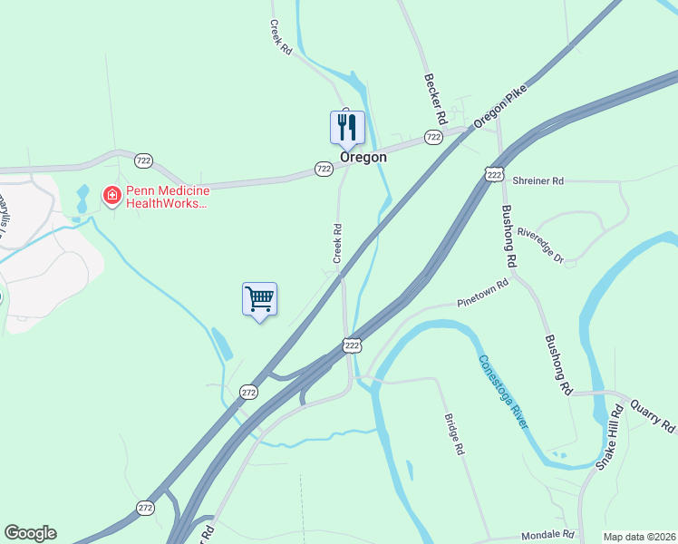 map of restaurants, bars, coffee shops, grocery stores, and more near 1289 Creek Road in Lititz