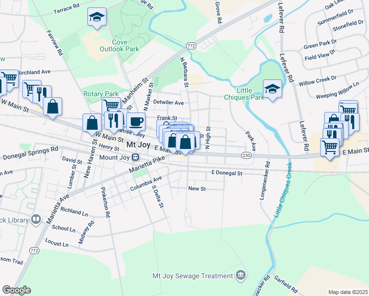 map of restaurants, bars, coffee shops, grocery stores, and more near 3 Appletree Alley in Mount Joy