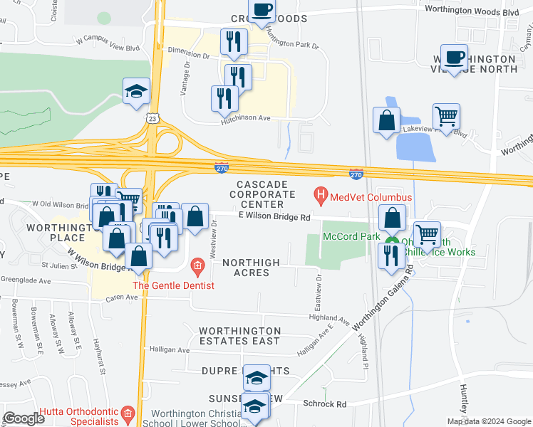 map of restaurants, bars, coffee shops, grocery stores, and more near 150 East Wilson Bridge Road in Worthington