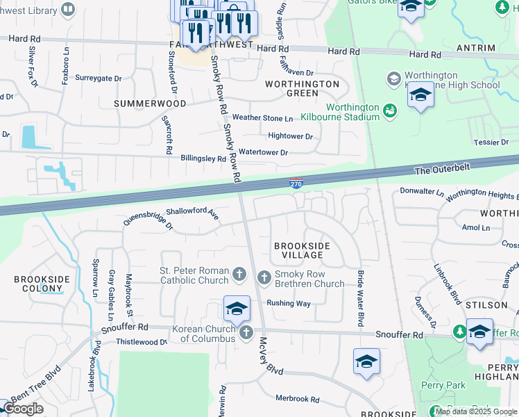 map of restaurants, bars, coffee shops, grocery stores, and more near 1797 Worthington Run Drive in Columbus