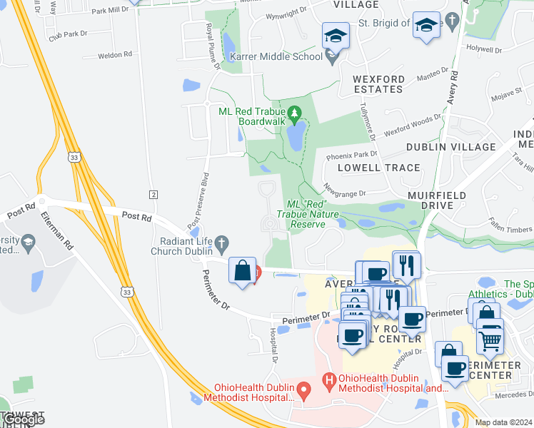 map of restaurants, bars, coffee shops, grocery stores, and more near 7020 Old Bridge Lane East in Dublin