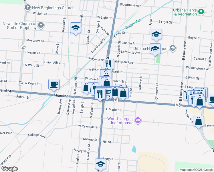 map of restaurants, bars, coffee shops, grocery stores, and more near 238 North Main Street in Urbana