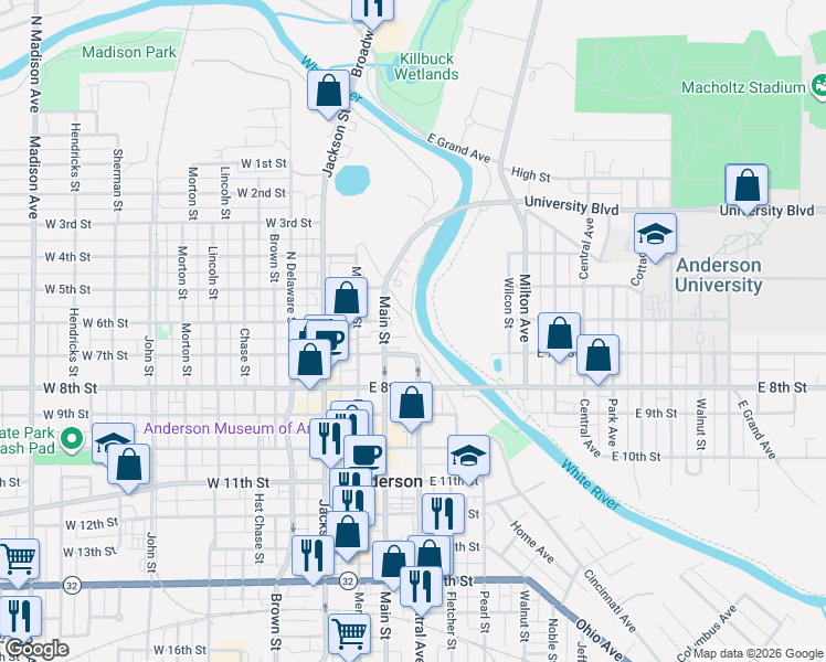map of restaurants, bars, coffee shops, grocery stores, and more near 600 Main Street in Anderson