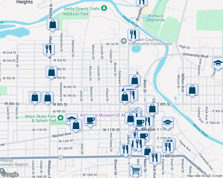 map of restaurants, bars, coffee shops, grocery stores, and more near 228 West 6th Street in Anderson