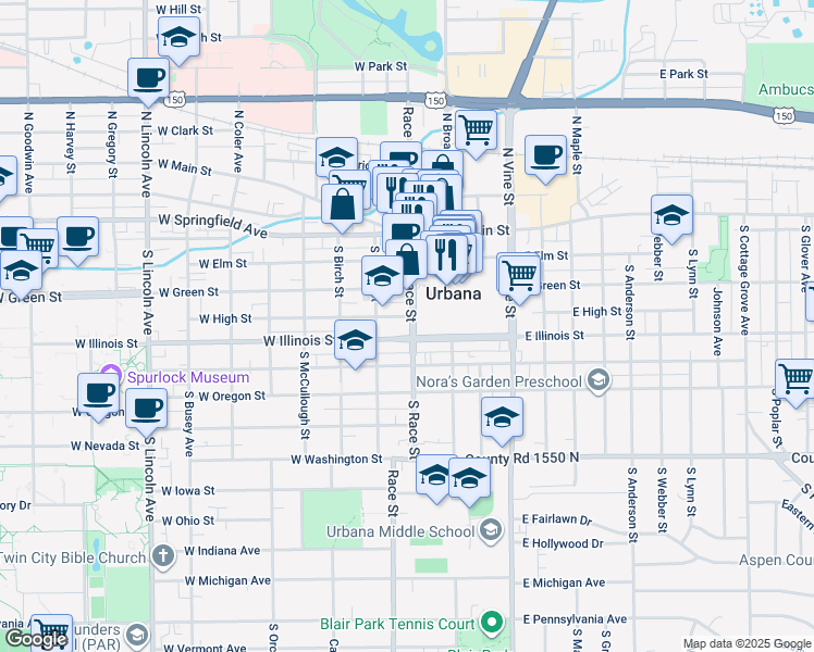 map of restaurants, bars, coffee shops, grocery stores, and more near 307 South Race Street in Urbana