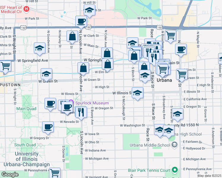 map of restaurants, bars, coffee shops, grocery stores, and more near 602 West High Street in Urbana