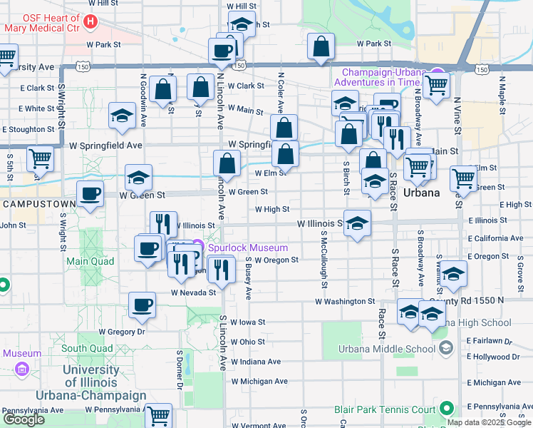 map of restaurants, bars, coffee shops, grocery stores, and more near 704 West High Street in Urbana