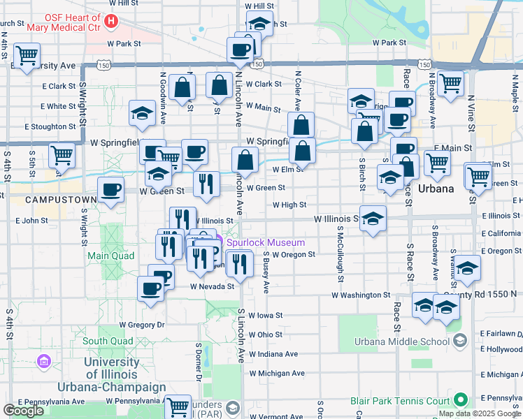 map of restaurants, bars, coffee shops, grocery stores, and more near 303 South Busey Avenue in Urbana