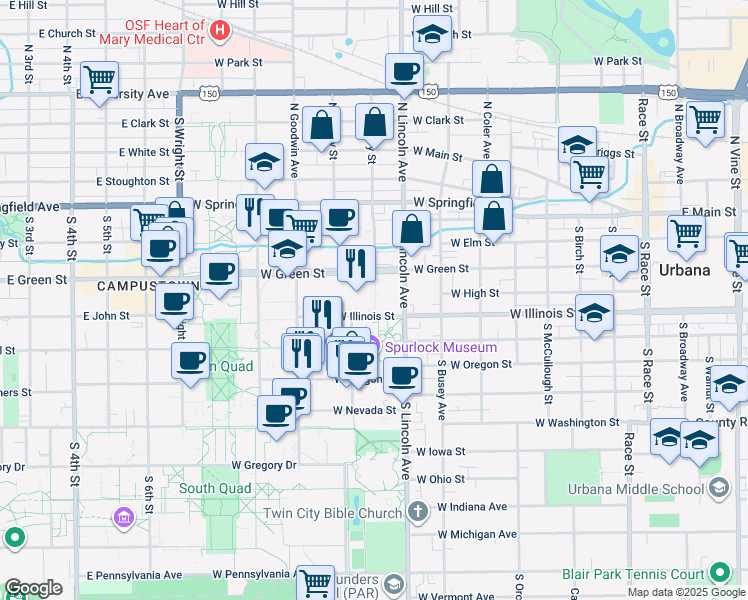 map of restaurants, bars, coffee shops, grocery stores, and more near 918 West Illinois Street in Urbana