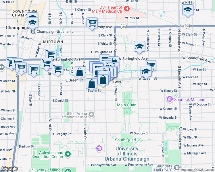 map of restaurants, bars, coffee shops, grocery stores, and more near in Champaign