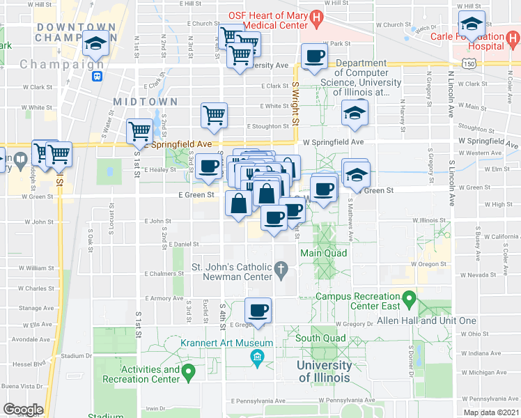 map of restaurants, bars, coffee shops, grocery stores, and more near 505 East Green Street in Champaign