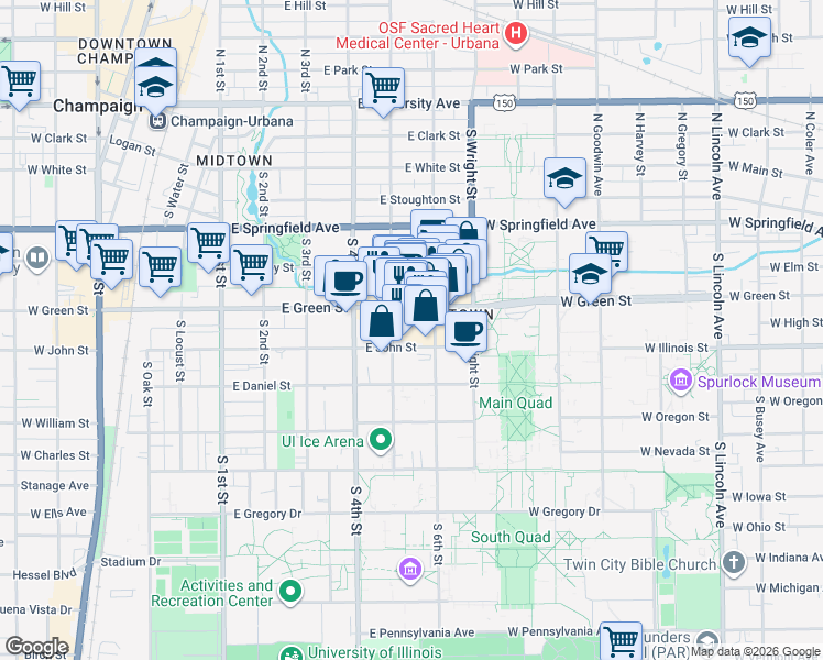 map of restaurants, bars, coffee shops, grocery stores, and more near 505 East Green Street in Champaign