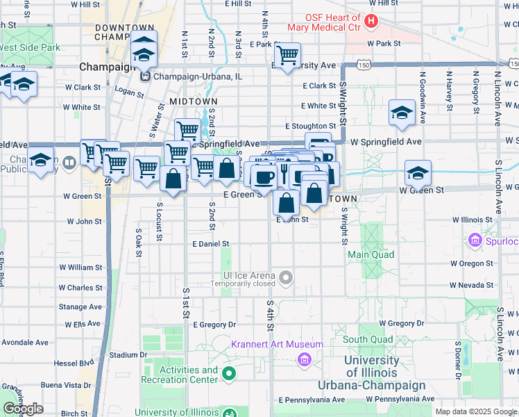 map of restaurants, bars, coffee shops, grocery stores, and more near 307 East Green Street in Champaign