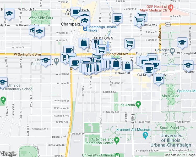 map of restaurants, bars, coffee shops, grocery stores, and more near 59 East Green Street in Champaign