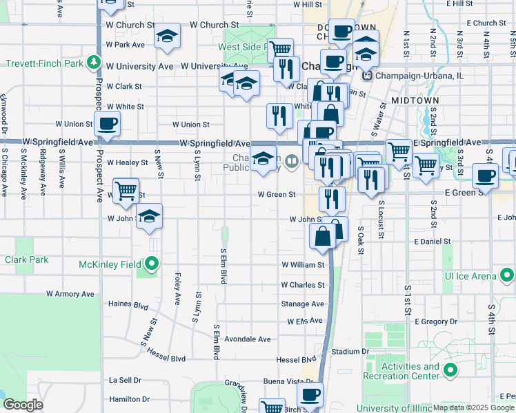 map of restaurants, bars, coffee shops, grocery stores, and more near 309 West Green Street in Champaign