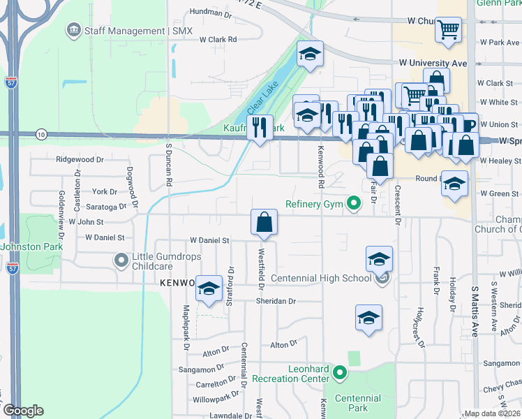 map of restaurants, bars, coffee shops, grocery stores, and more near 2606 West John Street in Champaign