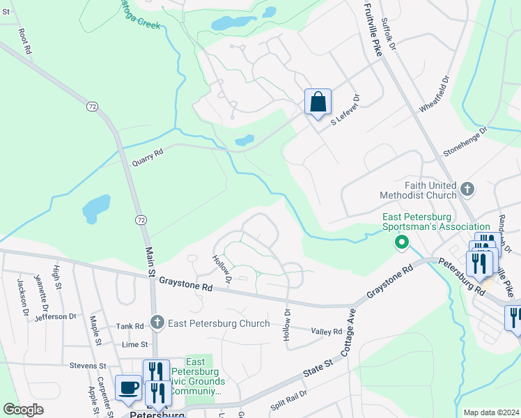 map of restaurants, bars, coffee shops, grocery stores, and more near 2664 Northfield Drive in East Petersburg