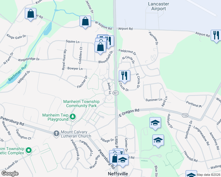 map of restaurants, bars, coffee shops, grocery stores, and more near 2944 Aster Lane in Lititz