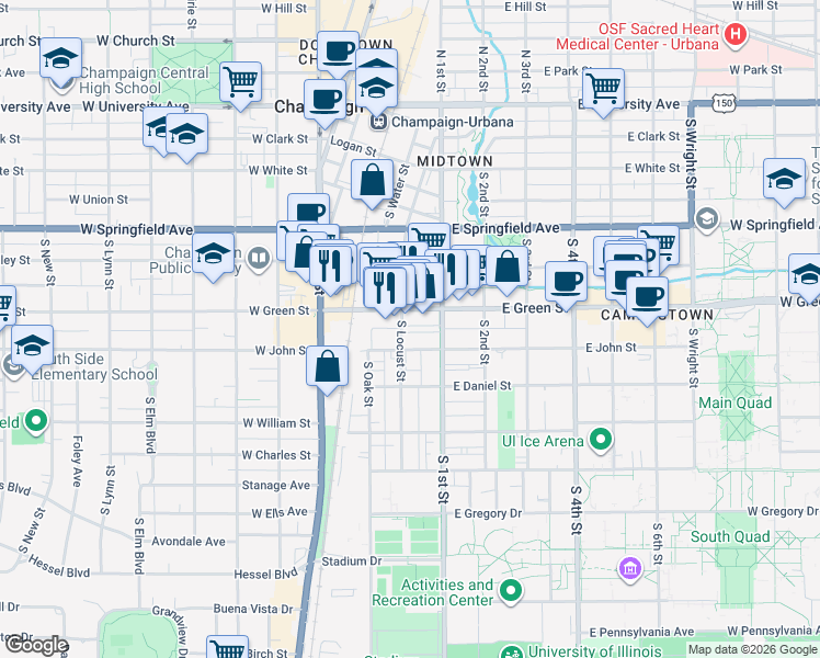 map of restaurants, bars, coffee shops, grocery stores, and more near 706 South Locust Street in Champaign
