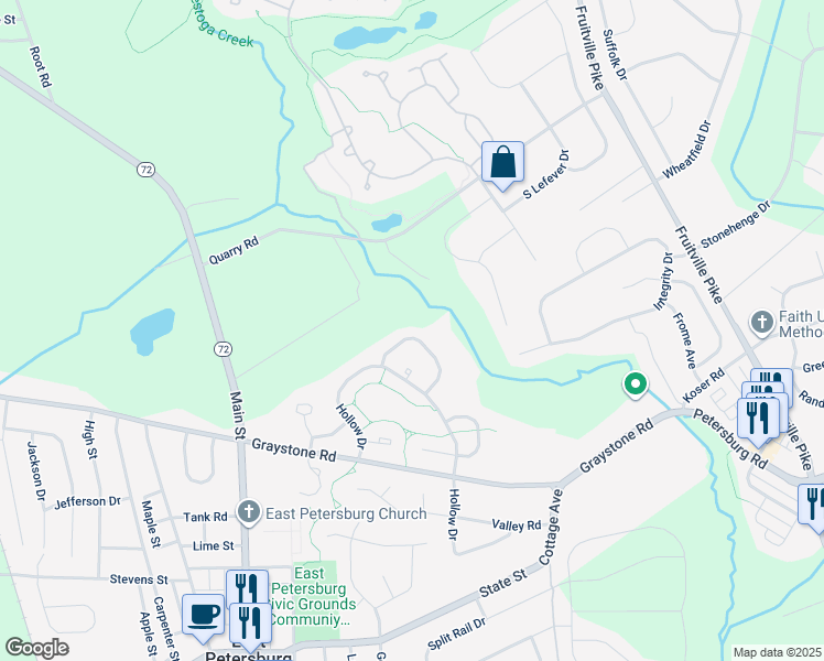 map of restaurants, bars, coffee shops, grocery stores, and more near 2664 Northfield Drive in East Petersburg
