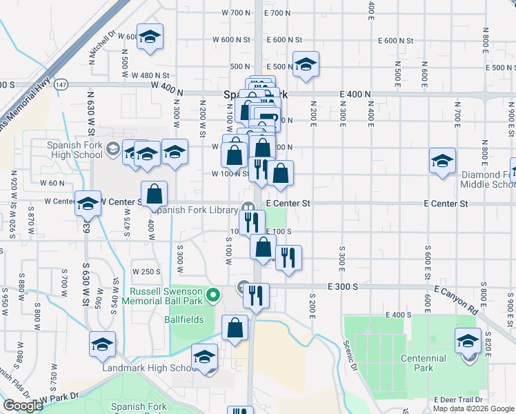 map of restaurants, bars, coffee shops, grocery stores, and more near South Main Street in Spanish Fork