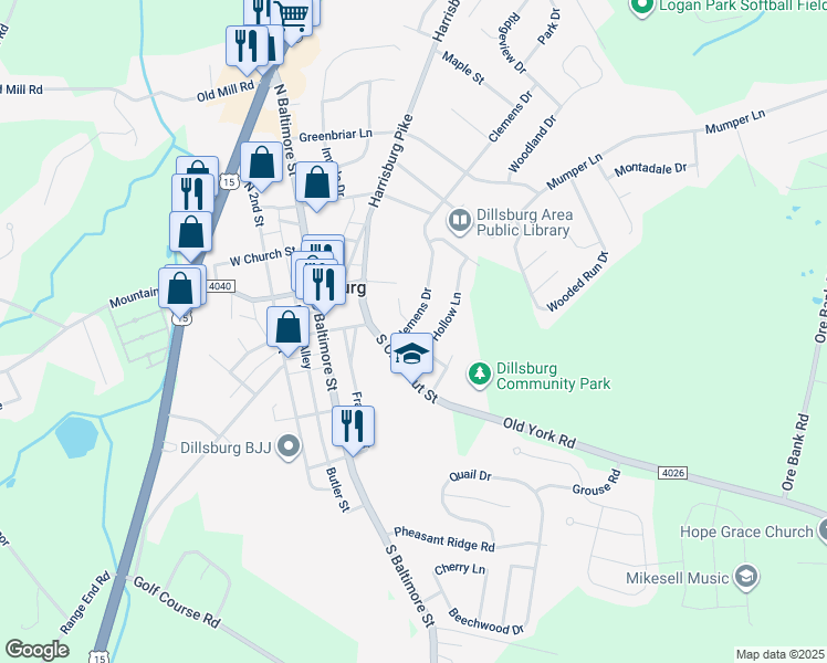 map of restaurants, bars, coffee shops, grocery stores, and more near 26 Clemens Drive in Dillsburg