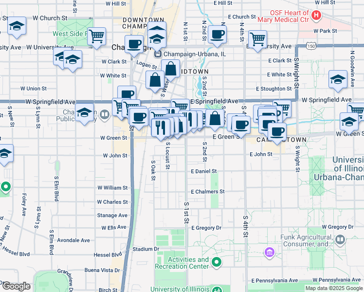 map of restaurants, bars, coffee shops, grocery stores, and more near 705 South 1st Street in Champaign