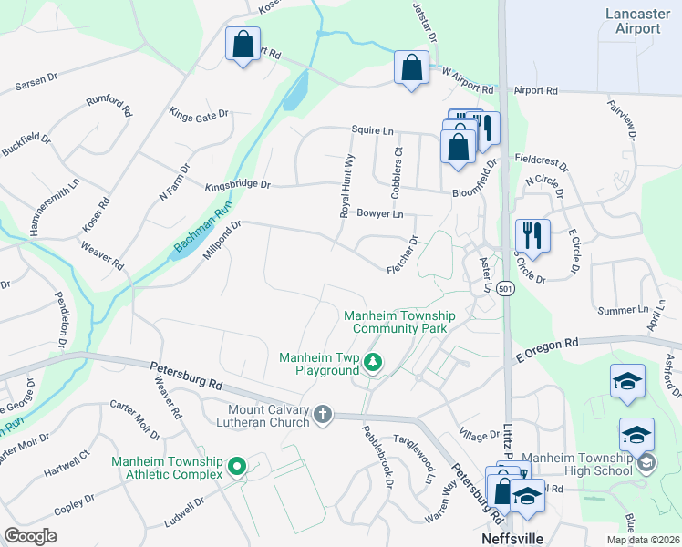 map of restaurants, bars, coffee shops, grocery stores, and more near 326 Millpond Drive in Lititz