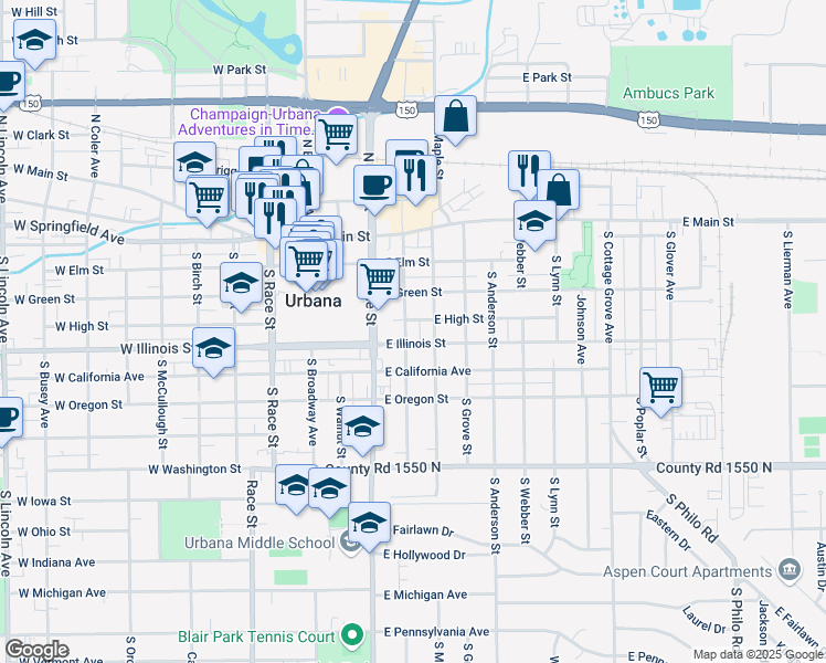 map of restaurants, bars, coffee shops, grocery stores, and more near 404 South Urbana Avenue in Urbana