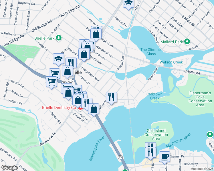 map of restaurants, bars, coffee shops, grocery stores, and more near 611 Brielle Avenue in Brielle